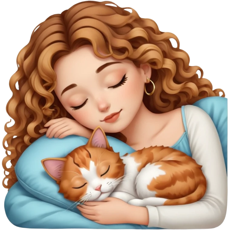 cute balayage curly/wavy haired girl, hoop earrings clean girl makeup sleeping beauty laying next to her sleeping calico cat  emoji