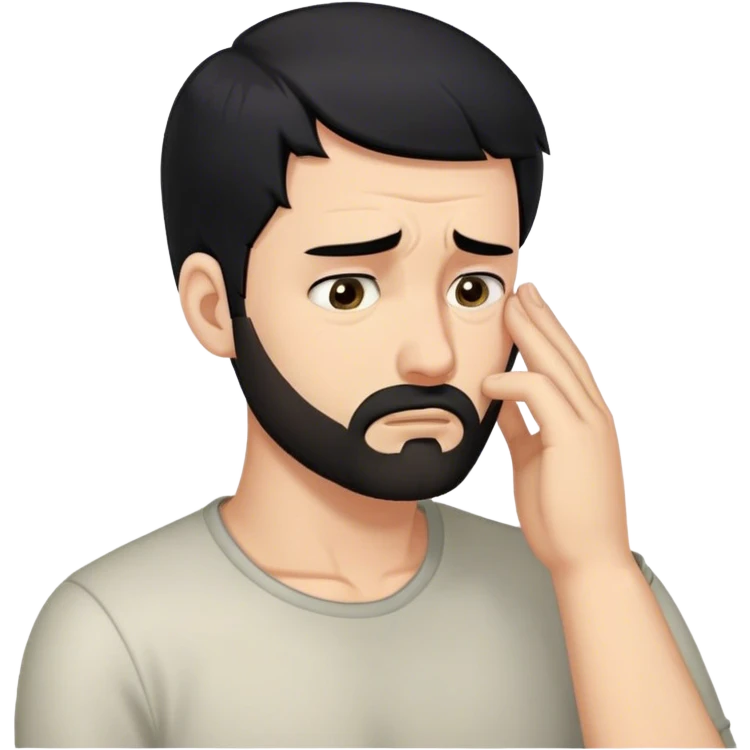 Facepalm emoji with disappointed expression, trimmed beard, medium-length black hair, short sides, hair forward emoji