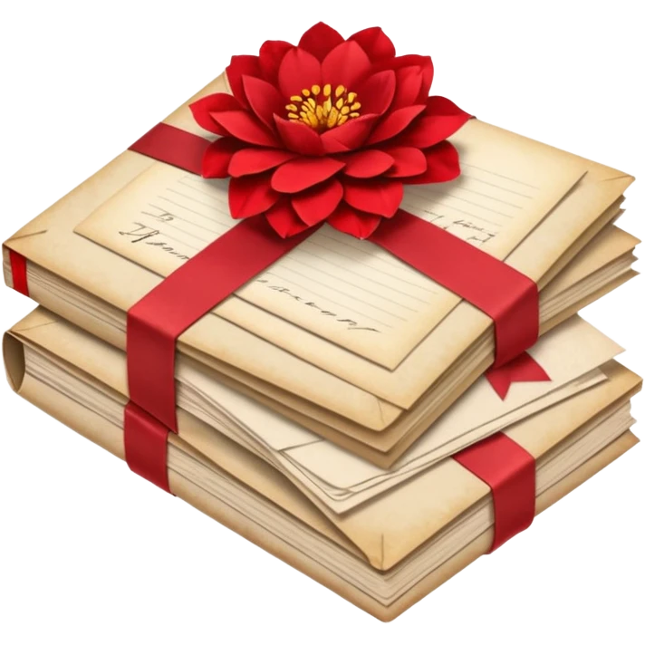 A beautifully arranged Stack of aged letters, tied with a red ribbon, envelopes, corespondence, aesthetic, red flower petals around, mails emoji
