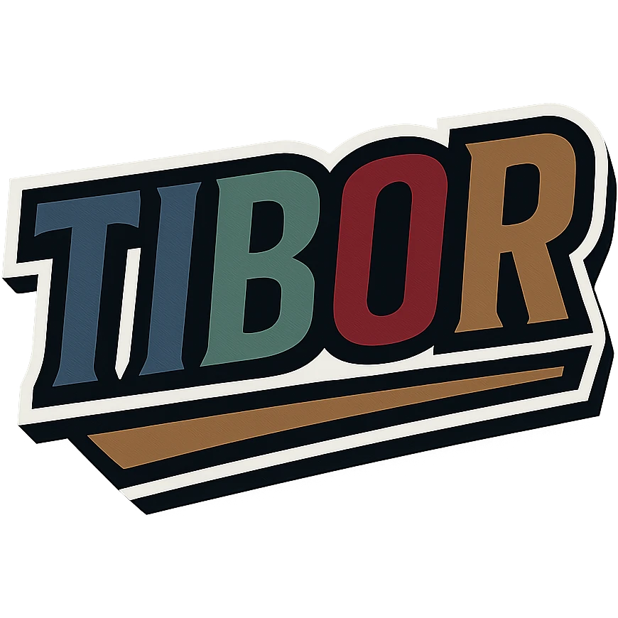 The name 'Tibor' in a masculine, modern, gradient font with precise Hungarian characters, dark contour, extra wide and prominent white letter border as in sample images, dynamic slanted underline, masculine color shades including blue, gray, burgundy, green, and brown, 1000x1000 px, PNG, transparent background. emoji