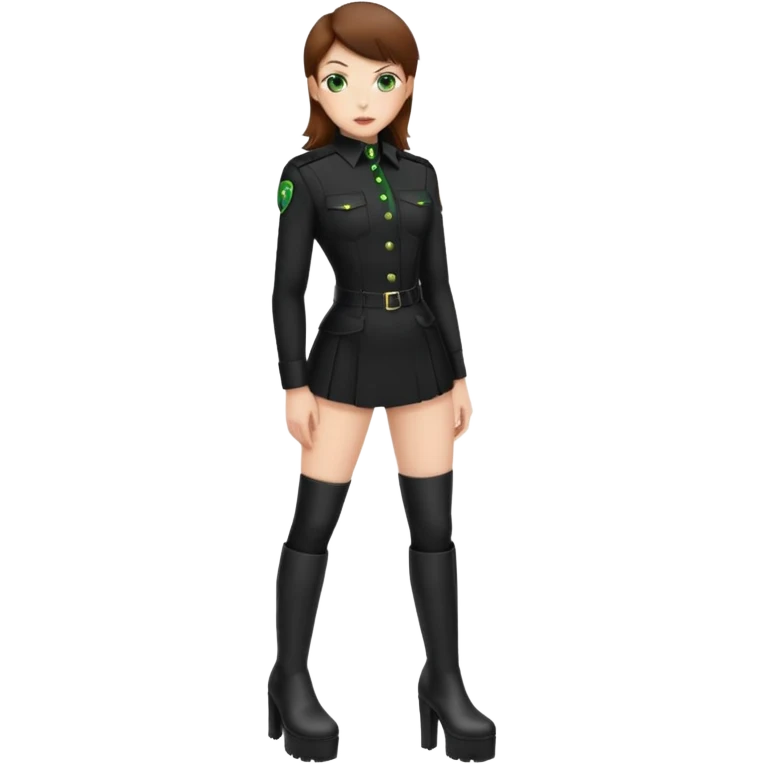 Create Dominatrix in total black uniform ,green eyes,brown hair and platform boots emoji