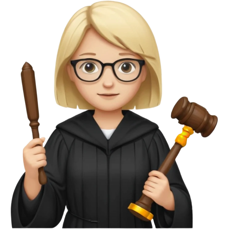 Young judge, blonde hair with glasses and robe, hold a paper and gavel emoji