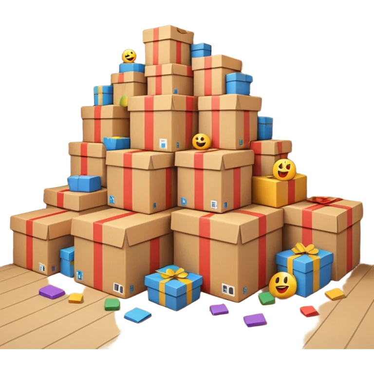 Generate a realistic emoji-style of a overfilled storage room where the packages dont have much space and everything seems chaotic and te packages are falling over emoji