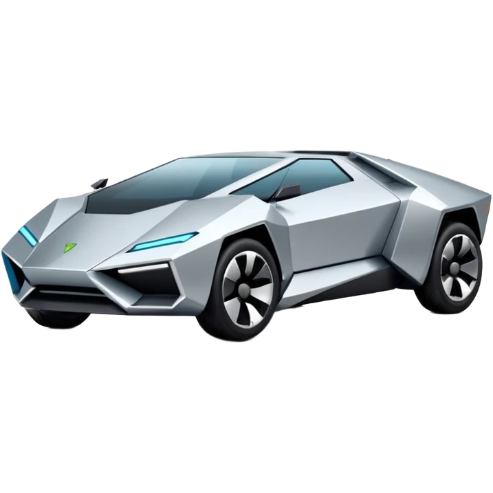 A futuristic chrome car emoji, sharp geometric body design inspired by cybertruck aesthetics, smooth silver metallic surface, matte and glossy chrome mix, minimal details, soft reflections, clean edges, iOS emoji style, centered, clean white background, soft studio lighting, no text emoji