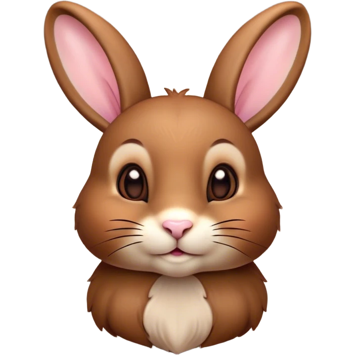 Cinematic Cute Brown Rabbit Portrait Emoji, Head tilted playfully and inquisitively, featuring a glossy, velvety brown fur with perky ears, round, sparkling brown eyes filled with curiosity, Simplified yet irresistibly adorable features, highly detailed, glowing with a warm, friendly glow, high shine, affectionate and lively, stylized with a touch of whimsy, bright and endearing, soft glowing outline, capturing the essence of a mischievous yet loving bunny, so playful it feels like it could hop out of the screen and into your arms! emoji