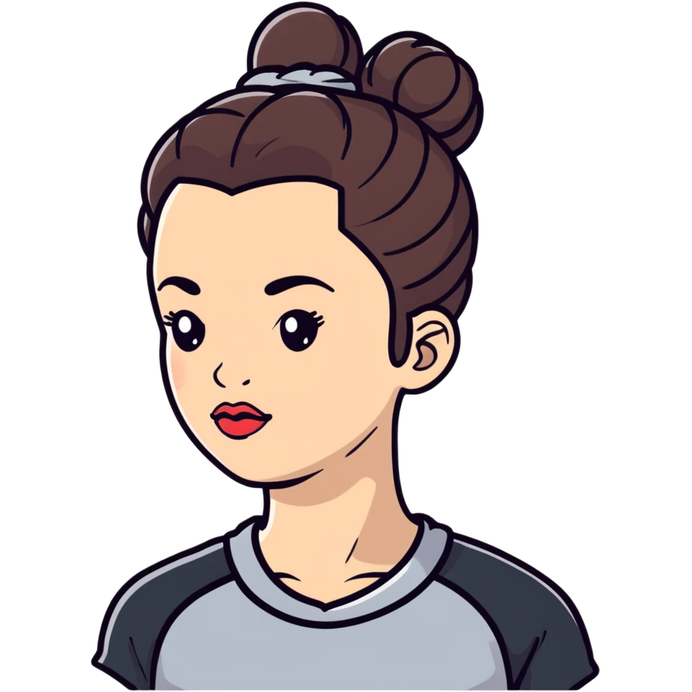 cartoon sticker of a clean girl with dewy skin, glossy lips, hair in a bun, wearing athleisure emoji