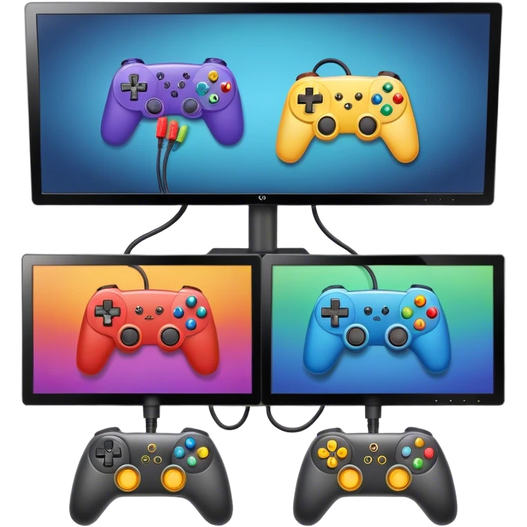 An icon showing two monitors with gaming interfaces, connected by a wire. Each monitor displays a different game screen, with two gamepads placed nearby, symbolizing multiplayer gameplay. transparent background. emoji