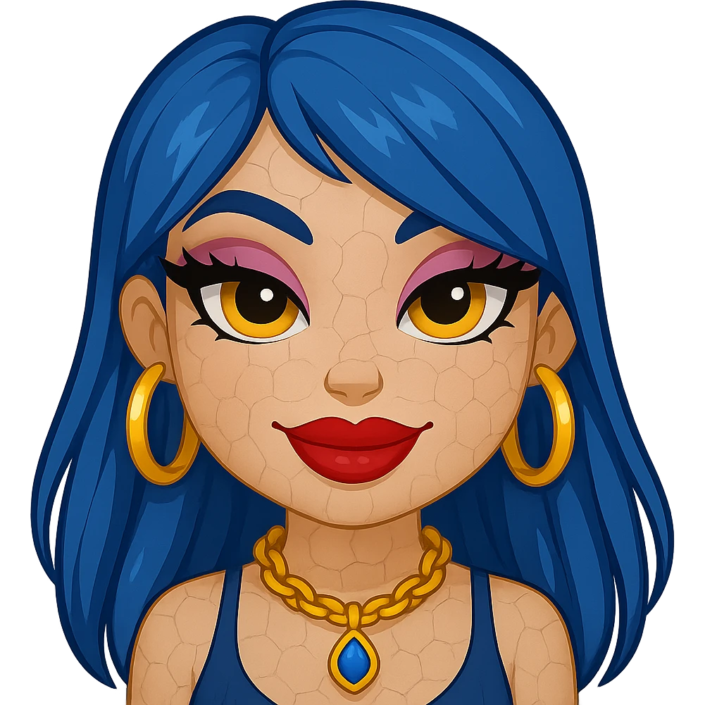 Make her look nice and cute, but with slightly scary eyes, keep gyaru style, blue hair, pretty makeup, bratz baddie style, emoji style, with no background. emoji