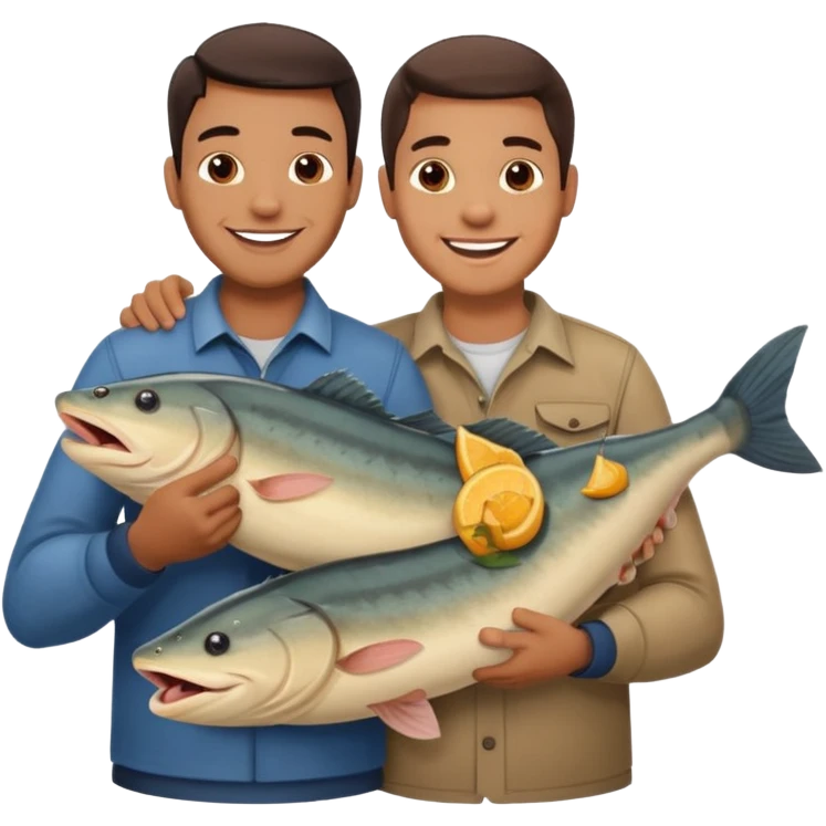 Father and son happy after catching a catfish emoji