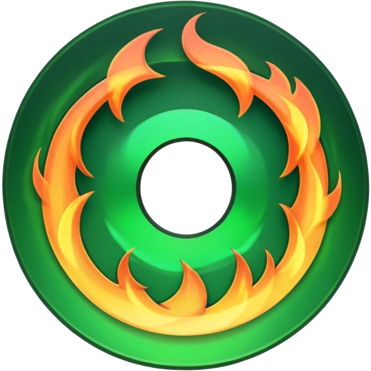 A minimalist CD disc with a subtle fire design, green flames, with a circle in the middle and a hole in the center emoji