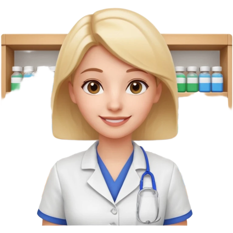 female pharmacist portrait, head and shoulders only, wearing a pharmacy apron, friendly smile, blurred medicine boxes on shelves in background, retail pharmacy vibe, 3D cartoon, mobile game icon style, no text, no watermark
 emoji