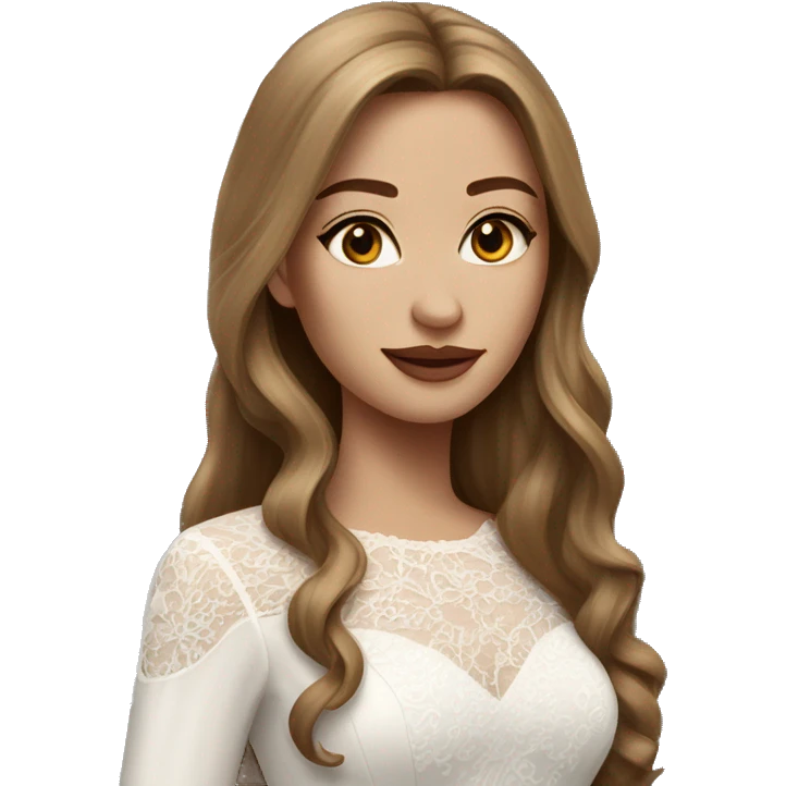 Beautiful woman with long straight light brown hair wearing a long sleeved laced wedding dress emoji