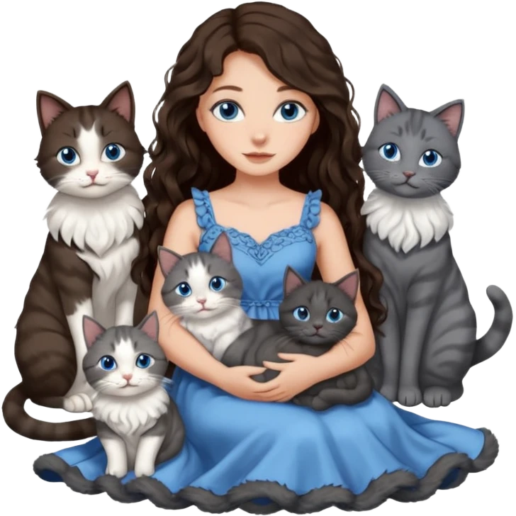 detailed realistic looking a dark grey and white cat regally sitting with six other cats, cuddling with their owner who is a pretty bratz lightly tanned white girl with long dark brown hair, blue eyes and gorgeous long wavy hair wearing a pretty detailed dress emoji