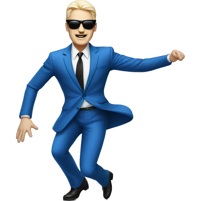 A white-skinned man in a blue suit, square sunglasses dances to the music in full height emoji