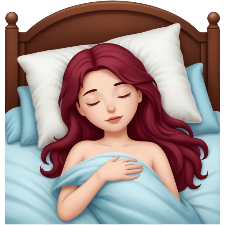 A beautiful, burgundy long haired girl sleeping in bed emoji