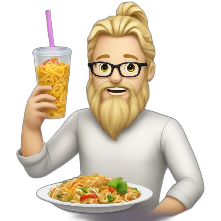 Tall long haired pony tail blonde man with beard and octagon glasses eating thai food emoji