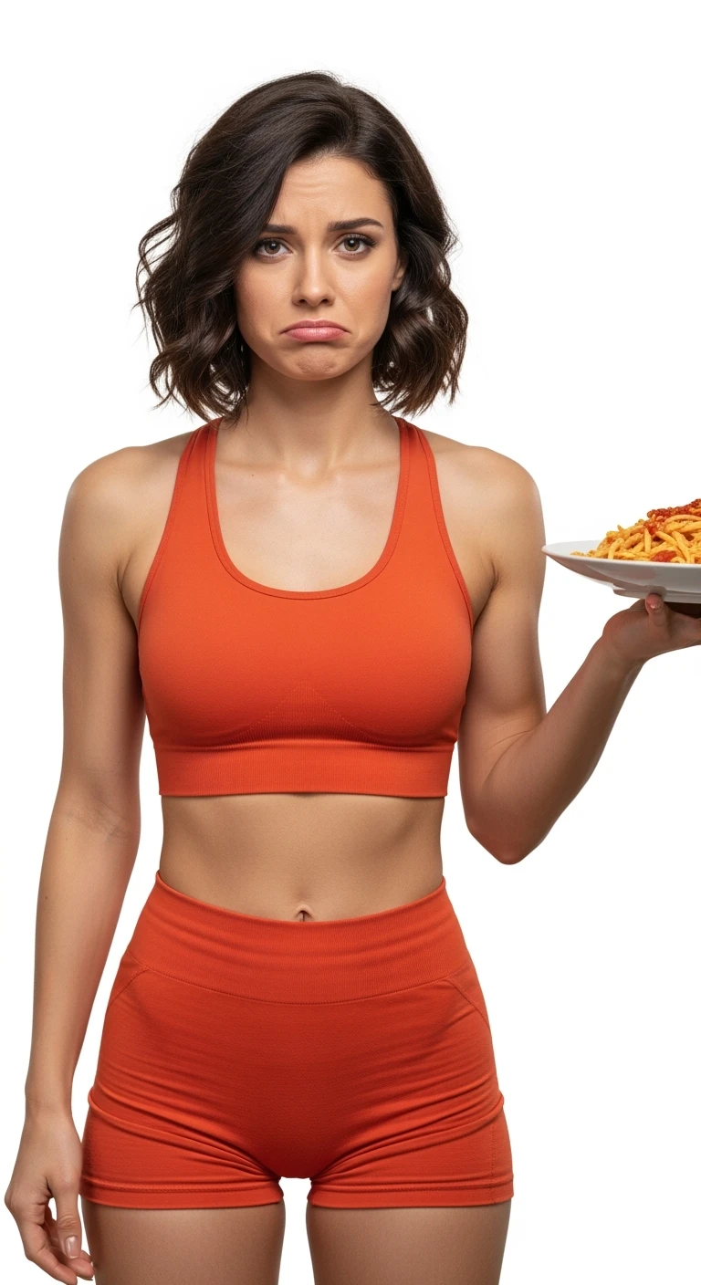 DONNA FITNESS ITALIANA CON PIATTO DI PASTA IN MANO ED ESPRESSIONE DISPIACIUTA IN VOLTO, REALISTICA 4K, ISOLATA SU SFONDO BIANCO emoji