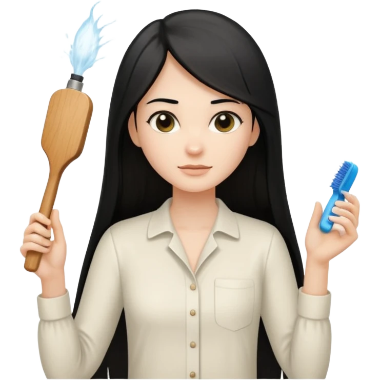 A white woman with long, straight black hair, wearing an ivory-colored shirt, holding a small square wooden paddle hairbrush in her left hand and spraying a hair mist bottle with her right hand toward her hair. emoji