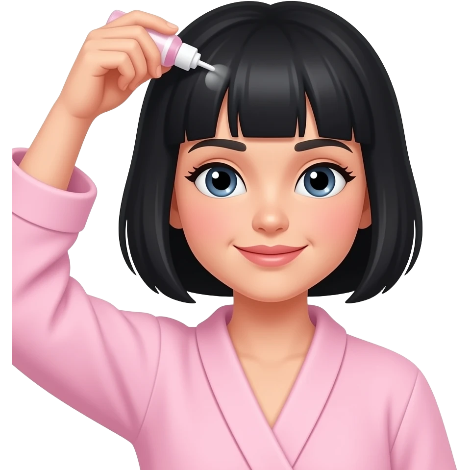 White girl taking care of her black short hair by giving herself a hair tonic massage, wearing a light pink robe, iPhone emoji style emoji
