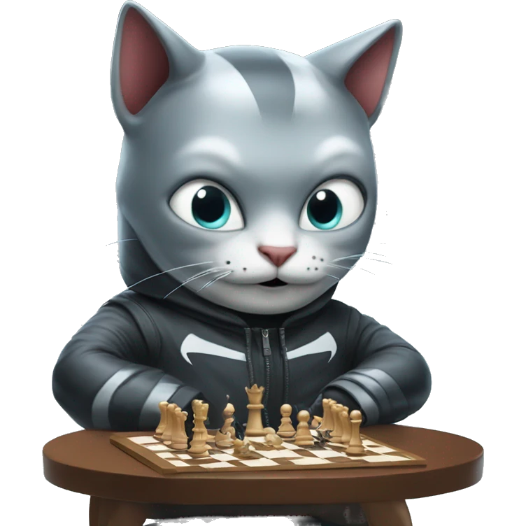 Cat in a shark outfit playing chess with Elon Musk emoji