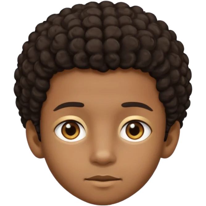 This avatar of black boy has lightly curly dark hair styled upward, a rounded face with golden-brown eyes, and a neutral expression emoji