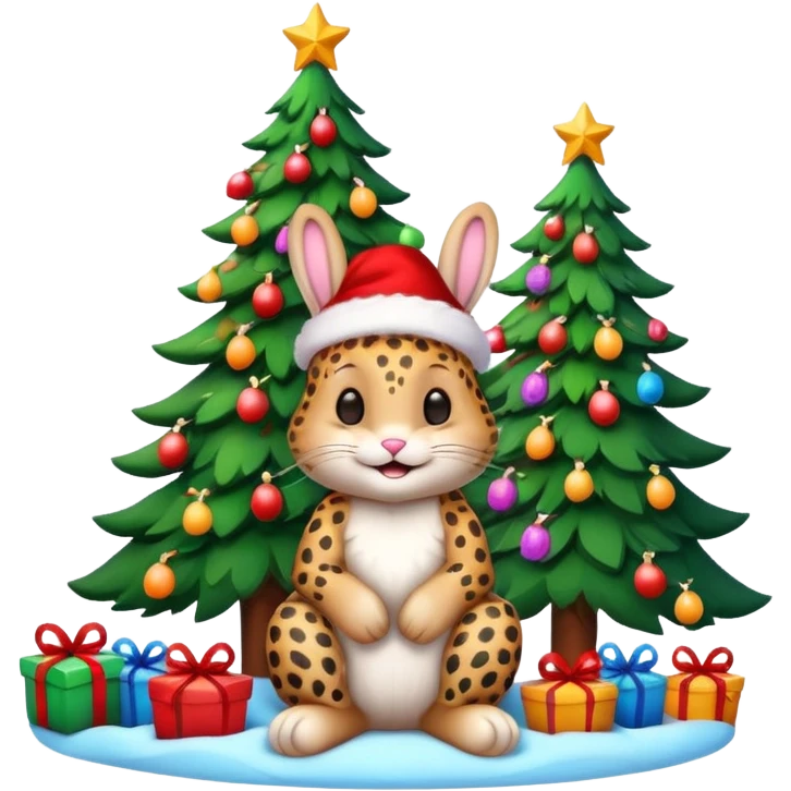 Smiling Bunny with Santa hat sitting by a Leopard and brightly lit colorful Christmas trees and candy canes 🎁  emoji