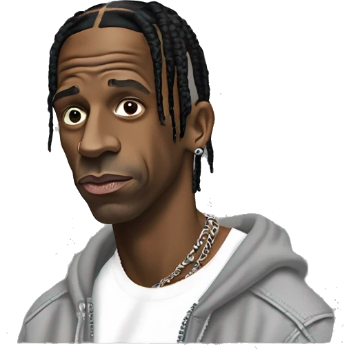 Iconic-style Candid Likeness Travis Scott:

A cool presence in streetwear, with focused eyes and laid-back stance. Known for his electric energy and innovative vibe, blending hype with a sense of mystery. emoji