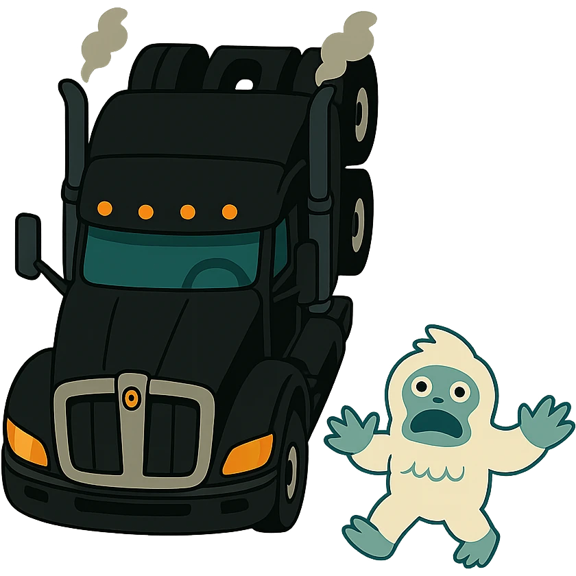 Remove the background, keep only the modern black Kenworth W680 flat top semi sleeper and the small yeti (abominable snowman), top-down vibrant toon style, animated style, no text. emoji