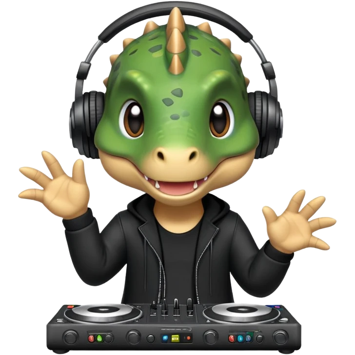 Dinosaurio muy tierno músico DJ con ropa negra emoji