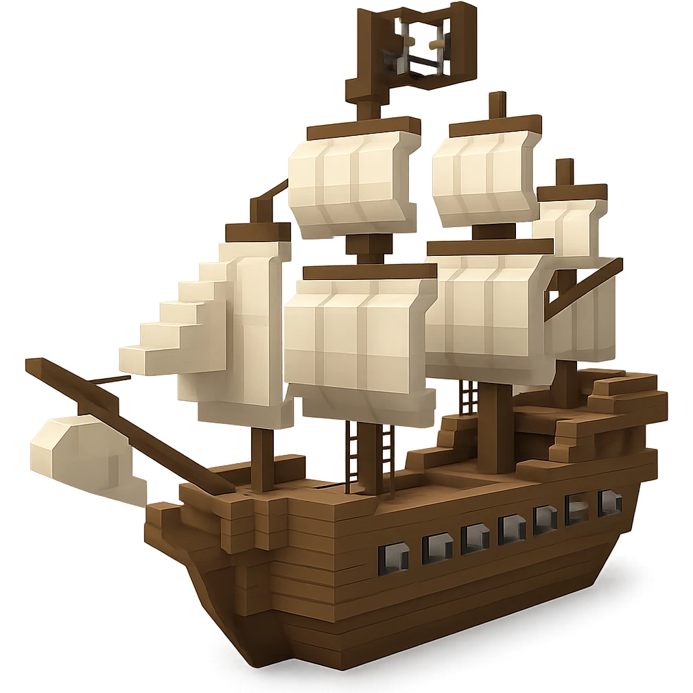A detailed pirate galleon with multiple sails and cannons, clean geometric 3D style emoji