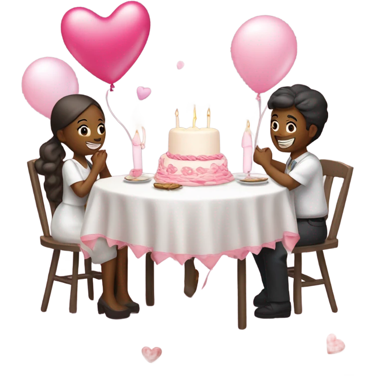 pink romantic party setting for two people and heart balloon  table with white cloth and candle with bows on the table and white Korean cake emoji