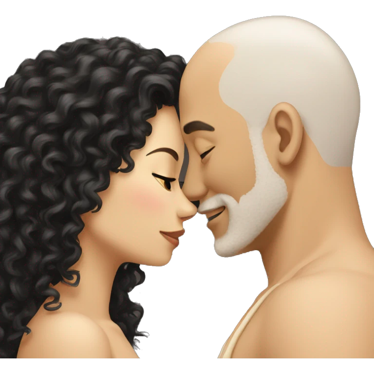 intimate moment between lovers, light bald man, long black curly hair woman emoji