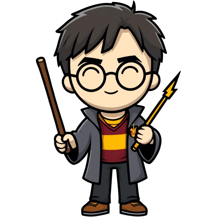 Harry Potter with round glasses, lightning scar, and wand emoji