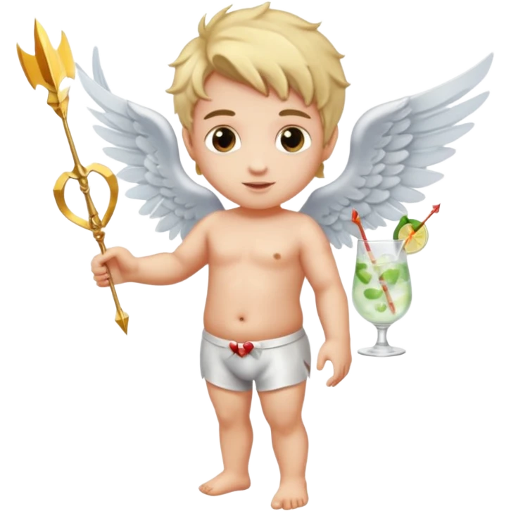 Cupid (with wings) with his arrow in his right hand, mixing a glass of Gin Tonic in his left hand, flyig emoji