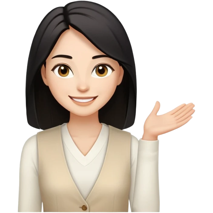 A woman with light to medium-toned skin, black shoulder-length straight hair, almond-shaped eyes, joyful smile, wearing a white long-sleeve top and a light beige sleeveless open-front vest, exuding warmth and elegance. emoji
