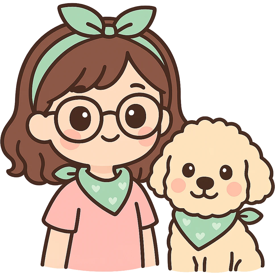 chibi style brunette female with glasses and her cream colored goldendoodle both wearing matching bandanas emoji