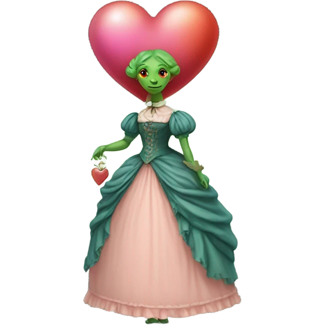 a green reptilian woman in Victorian orange and blue dress, pink hair,holdig, red big hearth, full body emoji