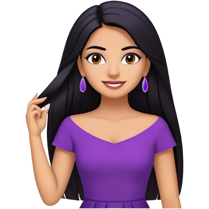 beautiful woman boss, with long straight black hair, with make up, black eye liner, smile, mexican, brown skin, wearing purple dress, she stand up, she replace hair behind her ear emoji
