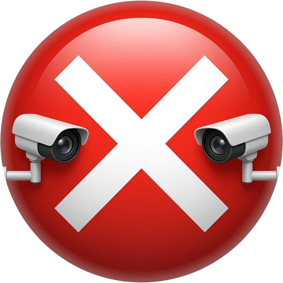 Red filled circle with white X, CCTV on end points of X emoji