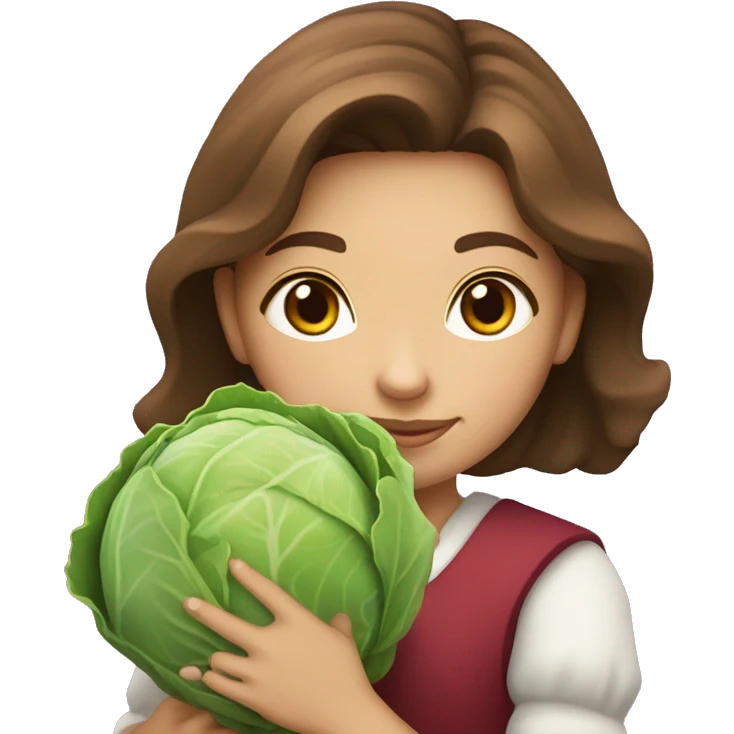 Girl with brown hair hold in hands a cabbage and name “CAPUSTA” emoji