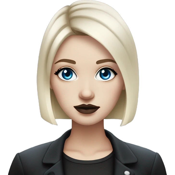 Slavic adult woman, goth eyes makeup, pink lips, blue eyes, medium bob black-to-blonde ombre straight hair, white T-shirt and black office jacket. emoji
