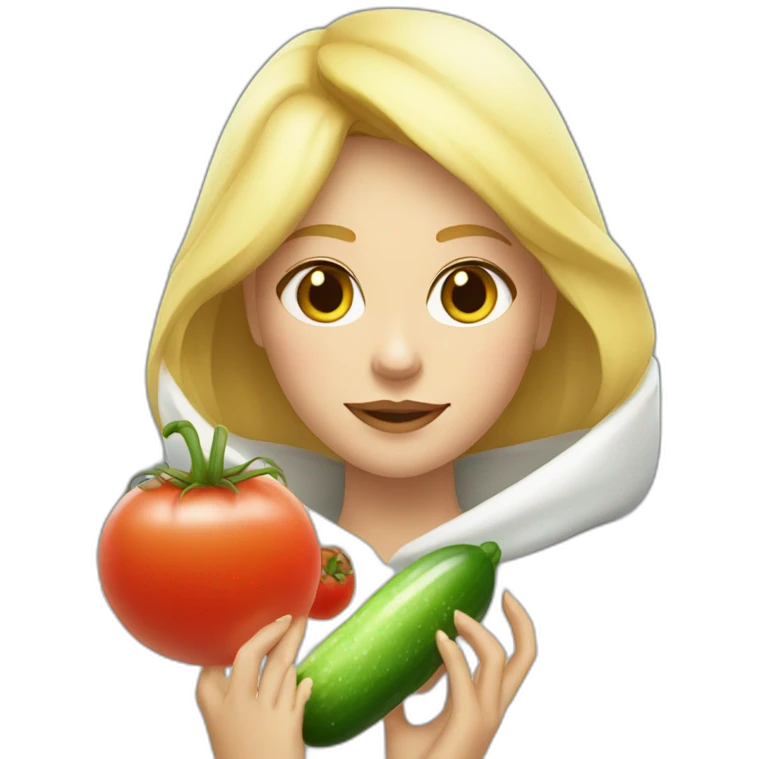 blonde girl  eating  cucumber and tomatoes with white hoodie iridescent and a crown princess emoji