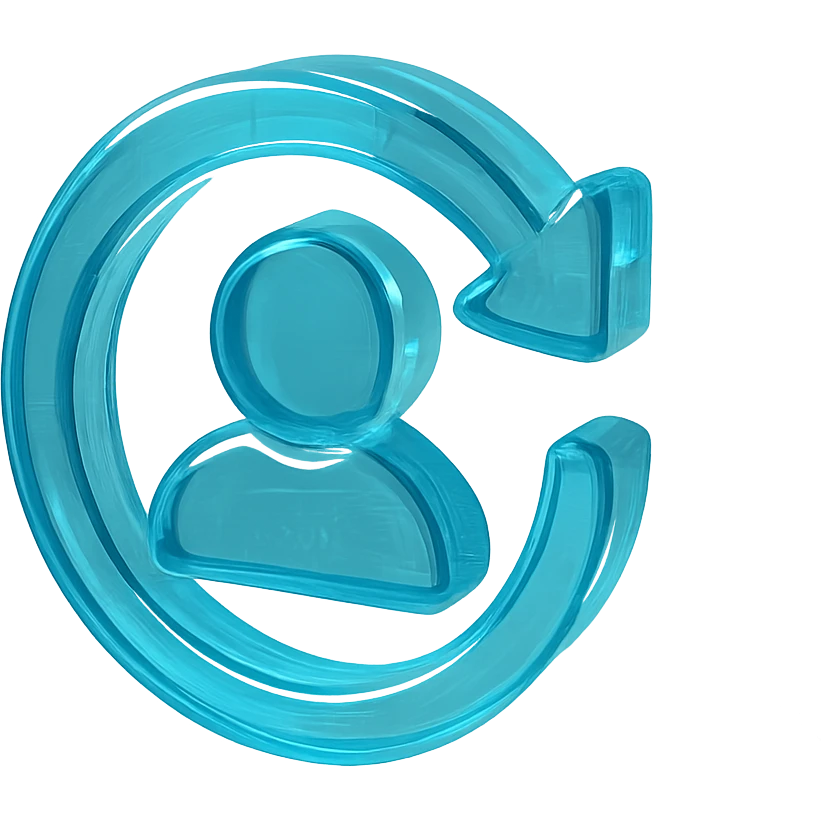 Icon of a circular arrow chasing a user silhouette, cyan blue emoji