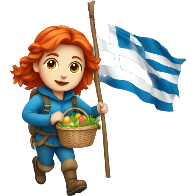 red hair female winter mountaineer climbing with Easter basket and Greek flag emoji