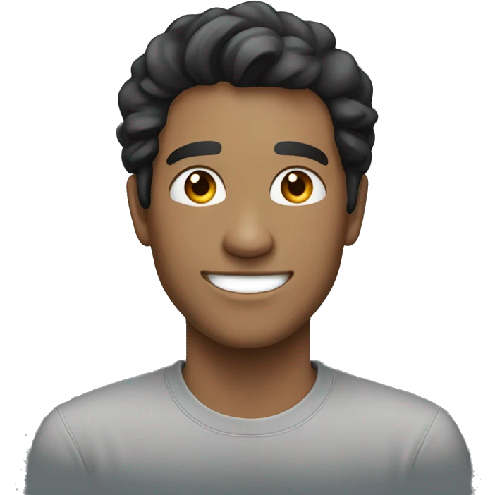 white person smiling with a gray shirt, black hair, 26 years old emoji