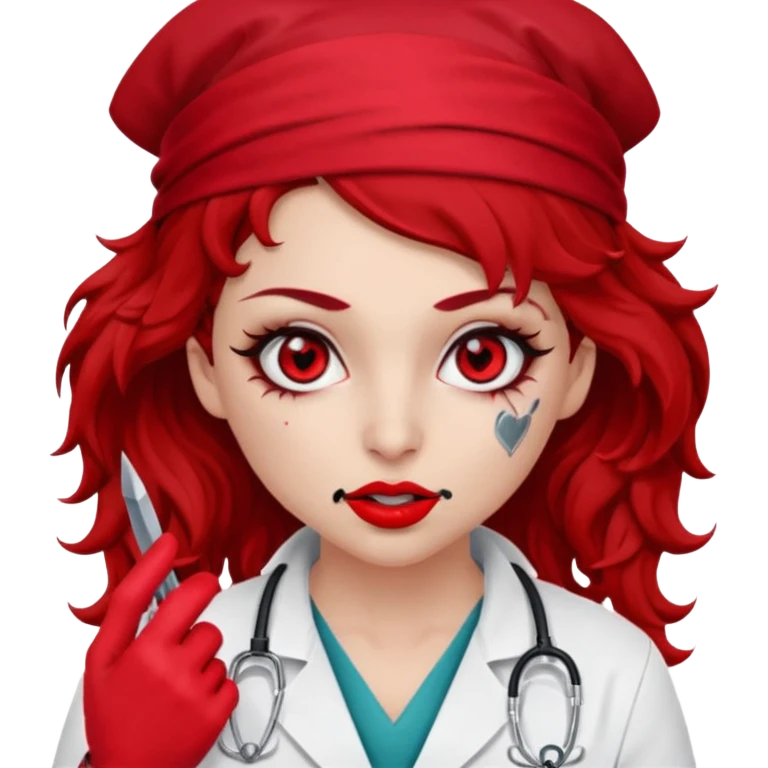 Lilith scalpel in hand, evil surgeon sexy surgeon clothes.  She has red eyes. Dark brown curly hair. Wears sexy doctor outfit with red gloves.covers her mouth necknose with red bandana to hide  her identity. Hair is long and brown hair is free but must cover her face emoji