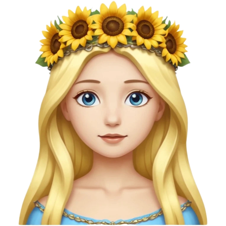portrait woman long blonde hair blue eyes white skin wearing sunflower halo crown emoji