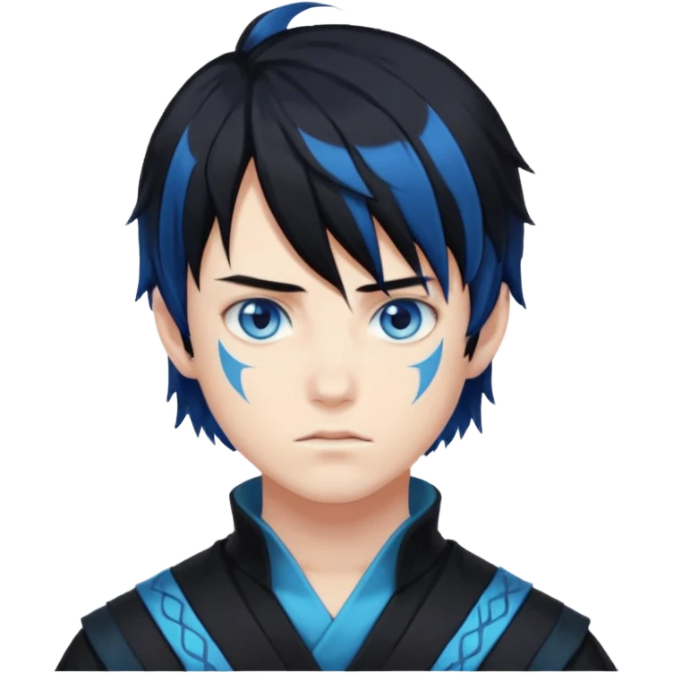 A guy with a pale skin,he has black hair the tip of his hair are blue and he has an anime style bang,his eyes are blue and he’s wearing a demon slayer attire emoji