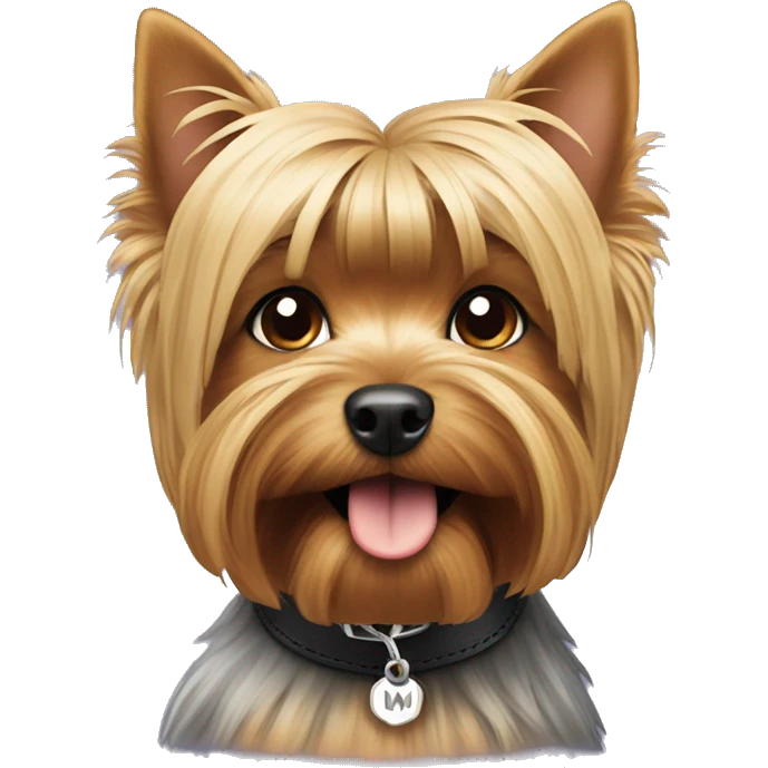 Yorkshire terrier with a collar that says N and M emoji