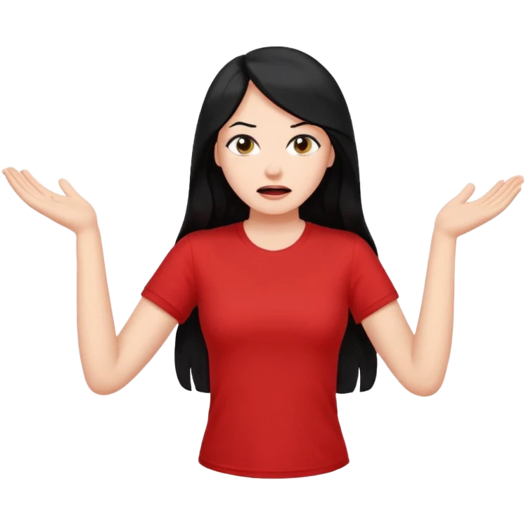 빨간색 티셔츠를 입고 긴 검정머리를 가진 여성이 모르겠다는 듯이 어깨를 올리고 고개를 갸우뚱한 제스처를 하고있음 🤷🏻‍♀️ emoji